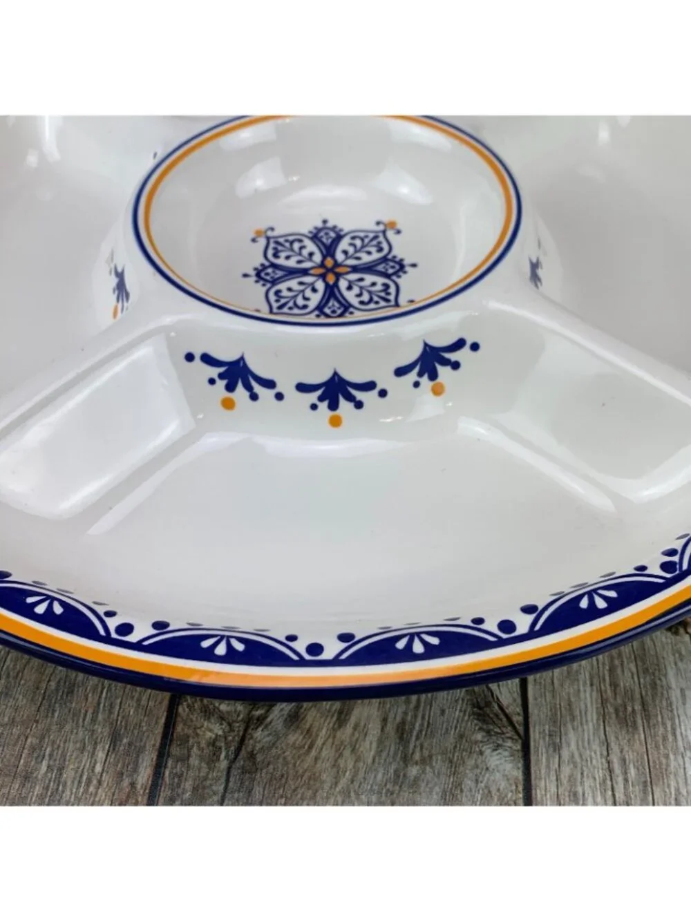 World Market  Stoneware Cream Gold Cobalt Blue Section Veggie Serving 16